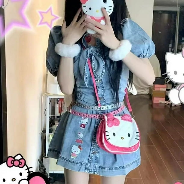 Sanrio-falda de Hello Kitty con estampado Kawaii de Anime, camisa vaquera de moda urbana con manga de burbuja, Falda corta de cintura alta, conjunto Y2K picante para chica