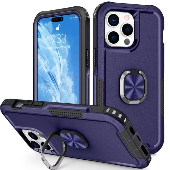 MonsDirect for iPhone 15 Pro Case, 3 Layers Case with Finger Ring Kickstand - [Full Body Protection] Hard PC Shell & Soft TPU Bumper Shockproof Cover for Apple iPhone 15 Pro 6.1 inch 2023, Blue