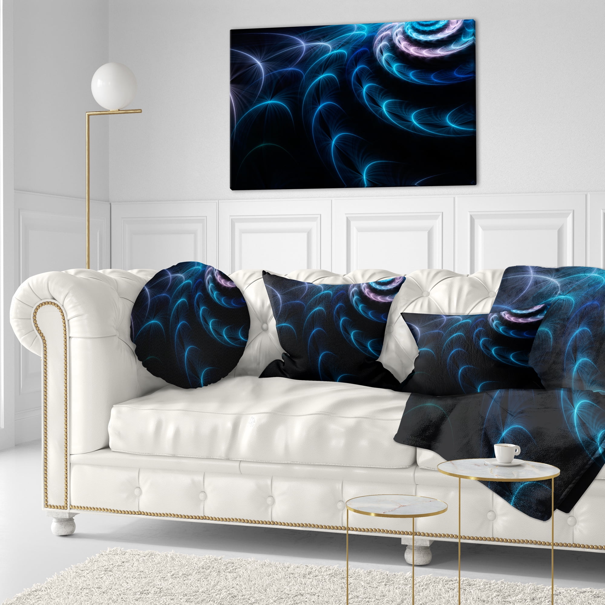 Designart Blue Fractal Flower in Dark - Floral Throw Pillow - 12x20