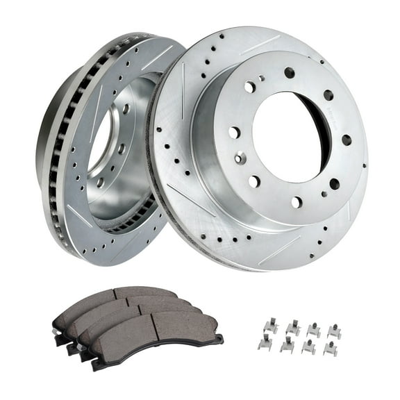 KFFKFF Front Brake Upgrade for 2011-2019 Chevy Silverado GMC Sierra 2500 3500 HD, Includes 14" Drilled & Slotted Rotors with Ceramic Pads, Enhances Braking Performance
