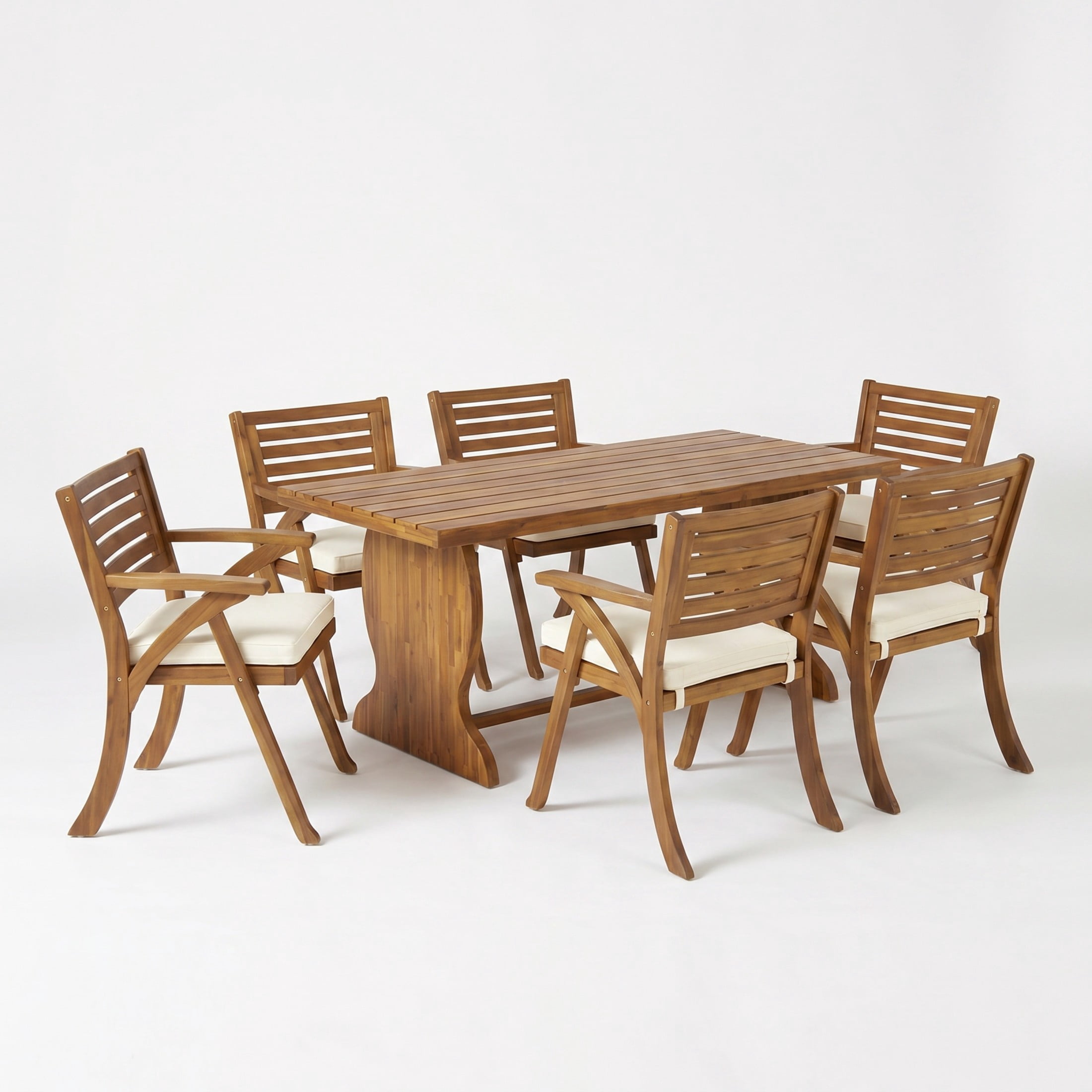 Christopher Knight Home 7-Piece Wood Patio Dining Set with Cushioned Chairs, Natural Stained+Cream
