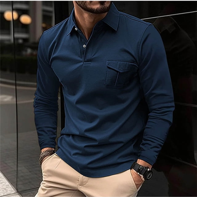 Blusa y camisa de manga larga con cuello vuelto para hombre, informal, lisa, de manga larga, deportiva, de poliéster
