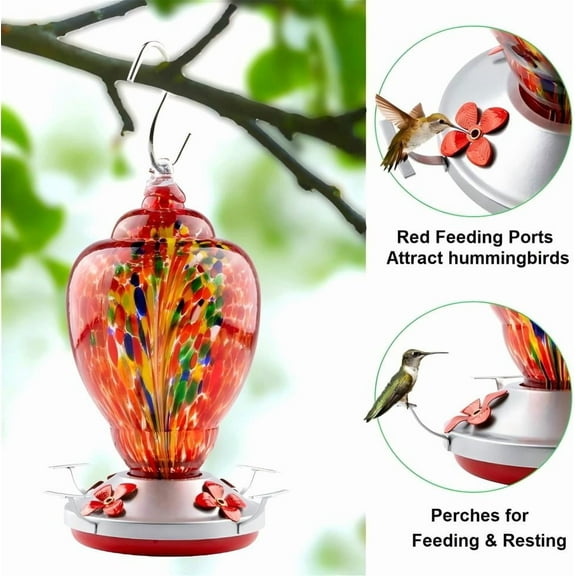 Hand Blown Glass Hummingbird Feeders for Outdoors Hanging Patio Garden DecorationsHummingbird Feeder with Ant Moat Hook Brush and Service Card (Fire and Circle)
