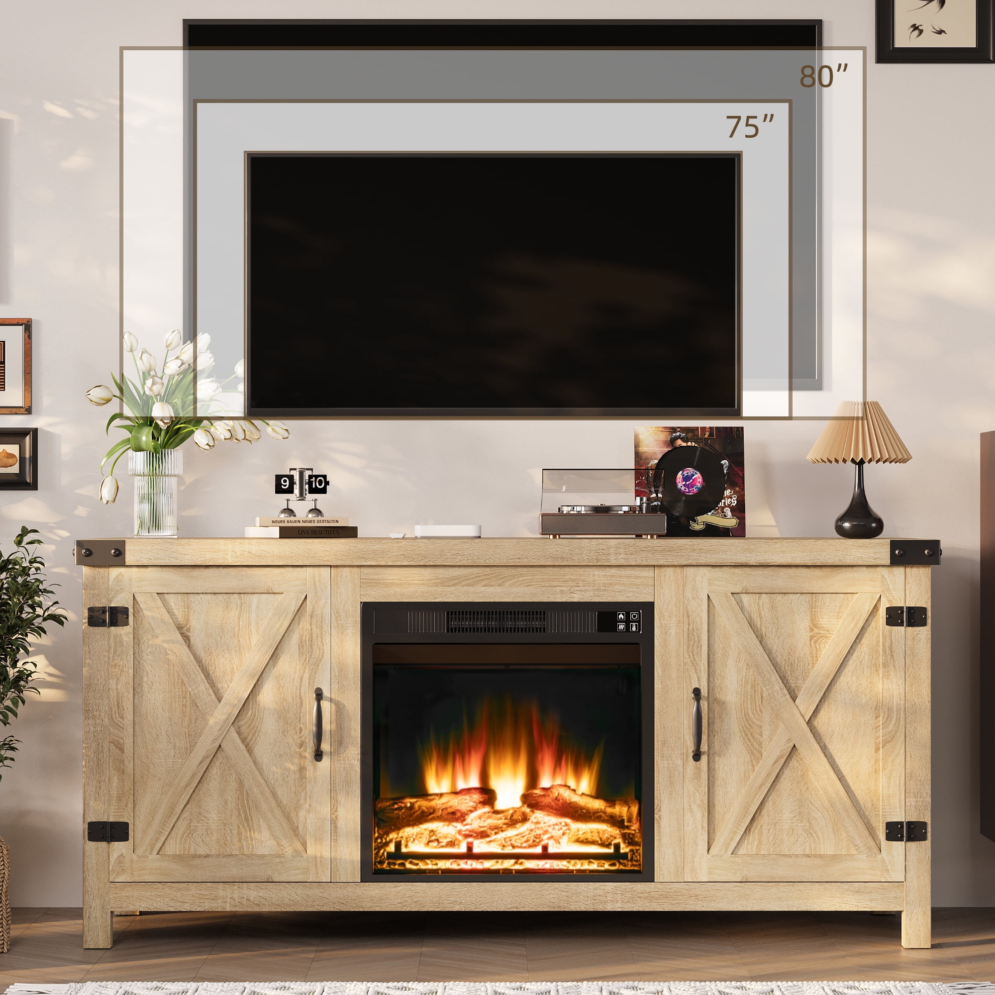 Homall Modern Farmhouse TV Stand Double Barn Door Fireplace TV Stand for TVs up to 65 inch,Oak