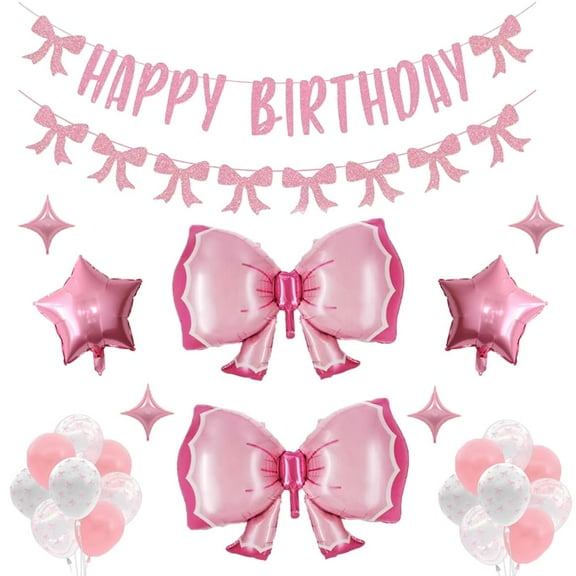 Pink Birthday Decorations Coquette Party Set KKS1 Include Bow Balloon Girls 1st Decorations Pink Bow Happy Birthday Banner for baby shower
