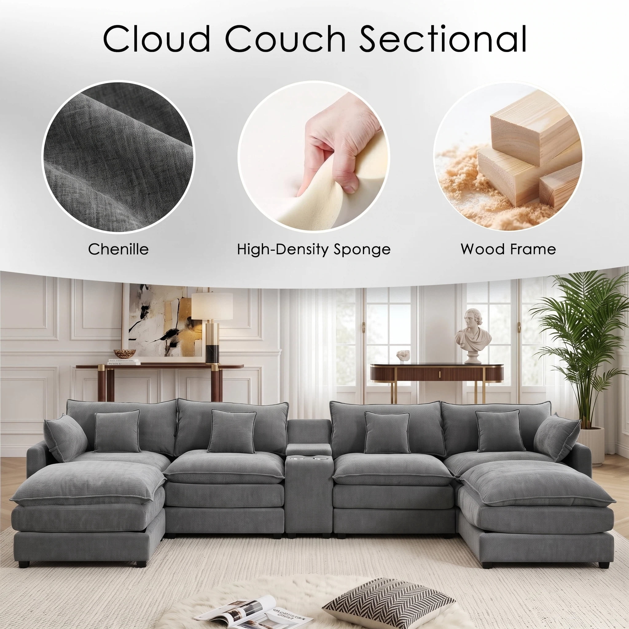 ANPPORT 145" U Shaped Cloud Modular Sectional Sofa, Chenille Deep Seat Couch with Storage Console, USB Ports & Cup Holders for Living Room, Grey