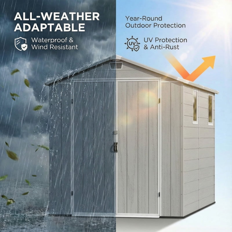 Homall 6x8ft Outdoor Resin Storage Shed with Window,Weather-Resistant, Easy Assembly, Wood-Effect Outdoor Shed for Garden & Tool Storage ,Light Gray