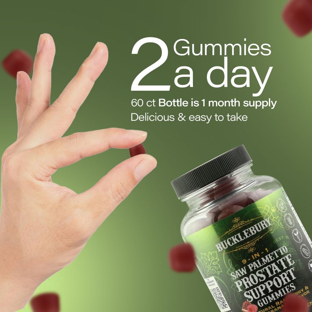 9-in-1 Saw Palmetto Gummies for Prostate and Urinary Support - Natural Raspberry and Pomegranate Flavour Plant-Based Dietary Supplement for Bladder Emptying and Hair Loss - 60 Gummies