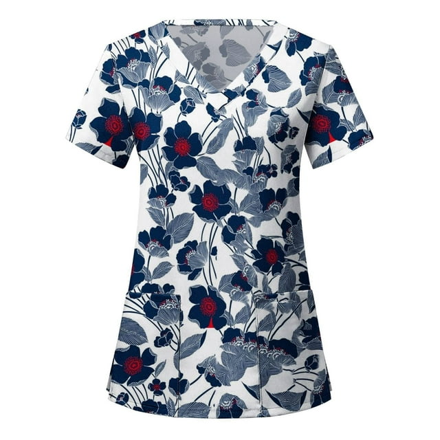 Dvkptbk Womens Tops Femmes Manches Courtes Col V Hauts Uniformes Poches Imprimées Chemisier Tops