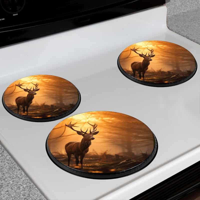 BaHomeck Electric Stove Burner Covers Set of 4,Round Metal Gas Stove Burner Covers 8 Inch and 10 Inch,Kitchen Decor,Majestic Deer Stands Tall In The Golden Light Of Sunrise