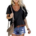 thumbnail image 1 of Blusa con escote en V y mangas con volantes para mujer: blusa informal de color puro para citas de verano elegante, 1 of 6
