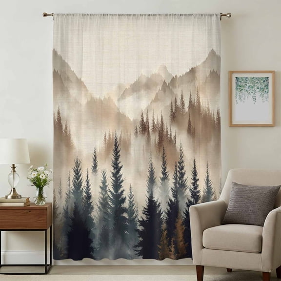 Tan Forest Sheer Curtains 84 Inches Long, Trees Woods Vintage Natural Watercolor Light Filering Curtains, Breathable Simi Curtain Privacy Drapes for Living Room Bedroom Lightweight Window Treatment