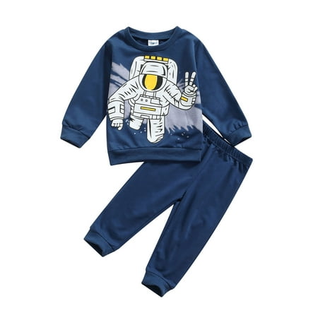 

Canrulo Toddler Baby Boy Clothes Long Sleeve Spaceman Sweatshirt Tops Pants Fall Winter Outfits Dark Blue 2-3 Years