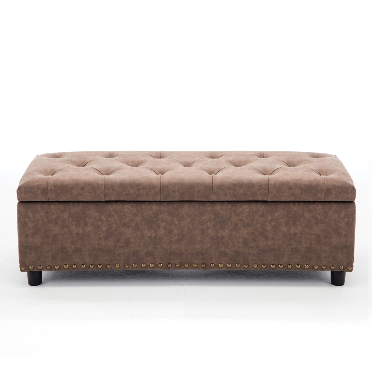 Belleze 48 Upholstered Faux Leather, Round Brown Faux Leather Storage Ottoman