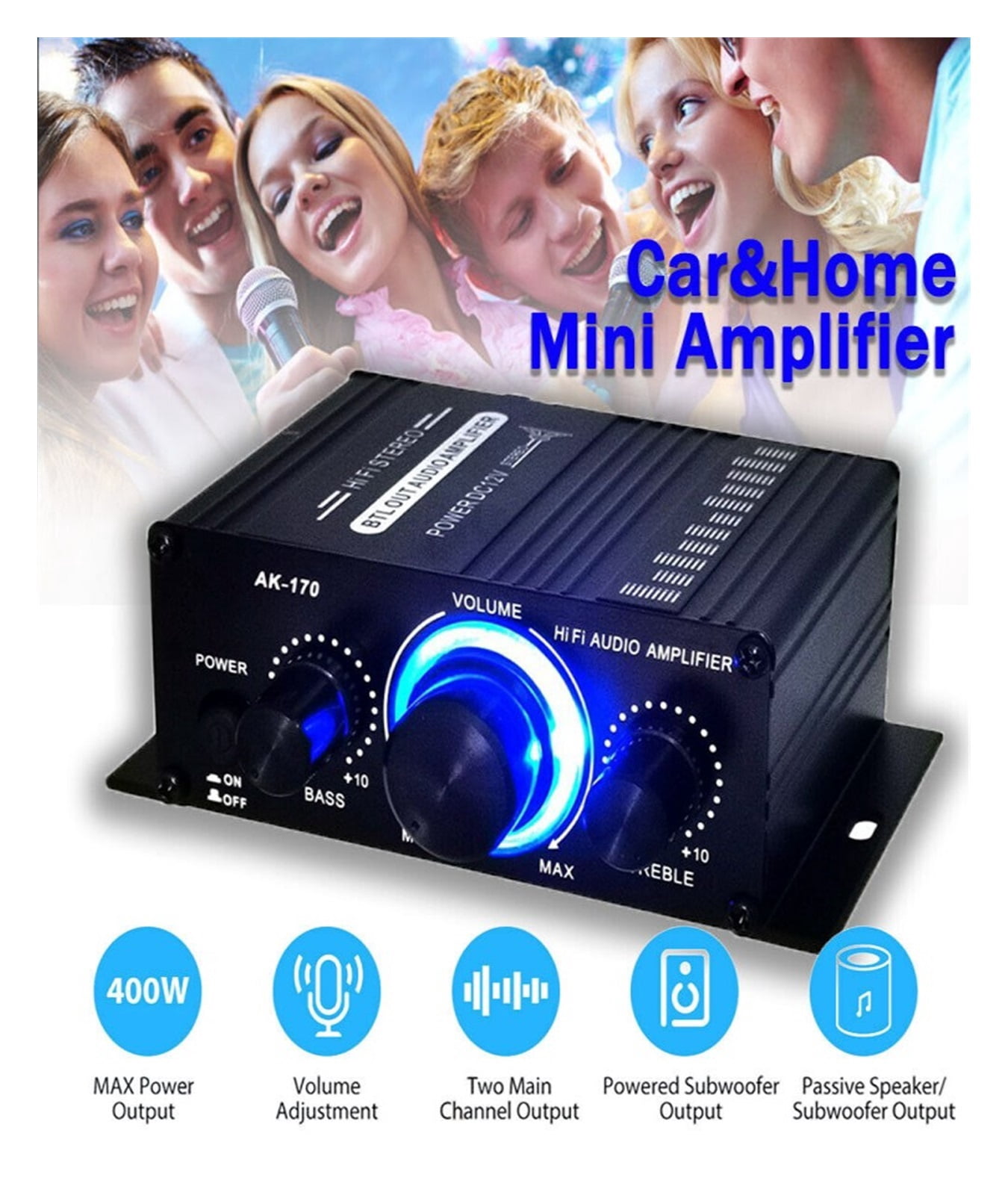 400W 12V 2 Channel Powerful Digital Stereo Power Amplifier HiFi Bass Amp 2 Channel Car Sound Amplificador Home Theater ,Efficient