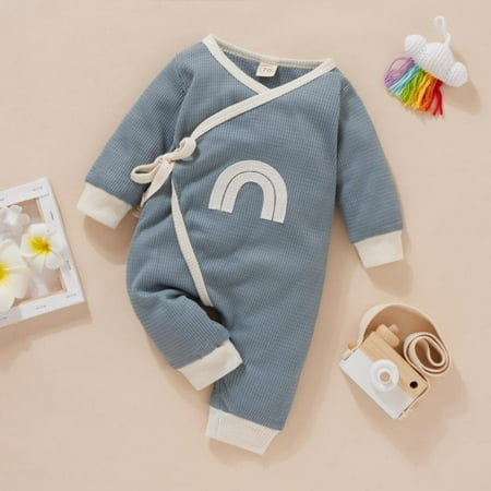 

Baywell Autumn Baby Clothes Waffle Rainbow Print Harness Diagonal Lace-up Jumpsuit V-neck Rompers Cotton Infant Clothing