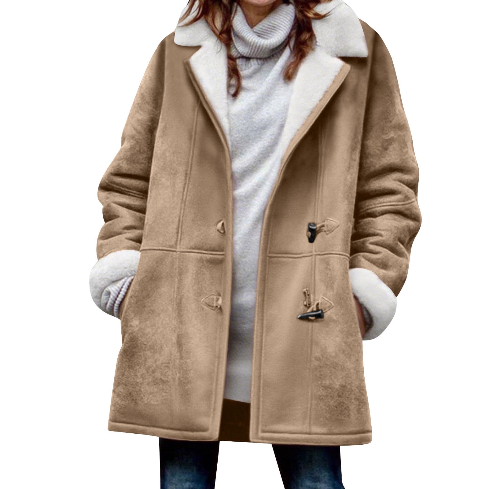 Womens Fleece Lined Jackets No Hood, Notched Collar Long Sleeve Winter Warm Pea Coats with Pockets Toggle Closure