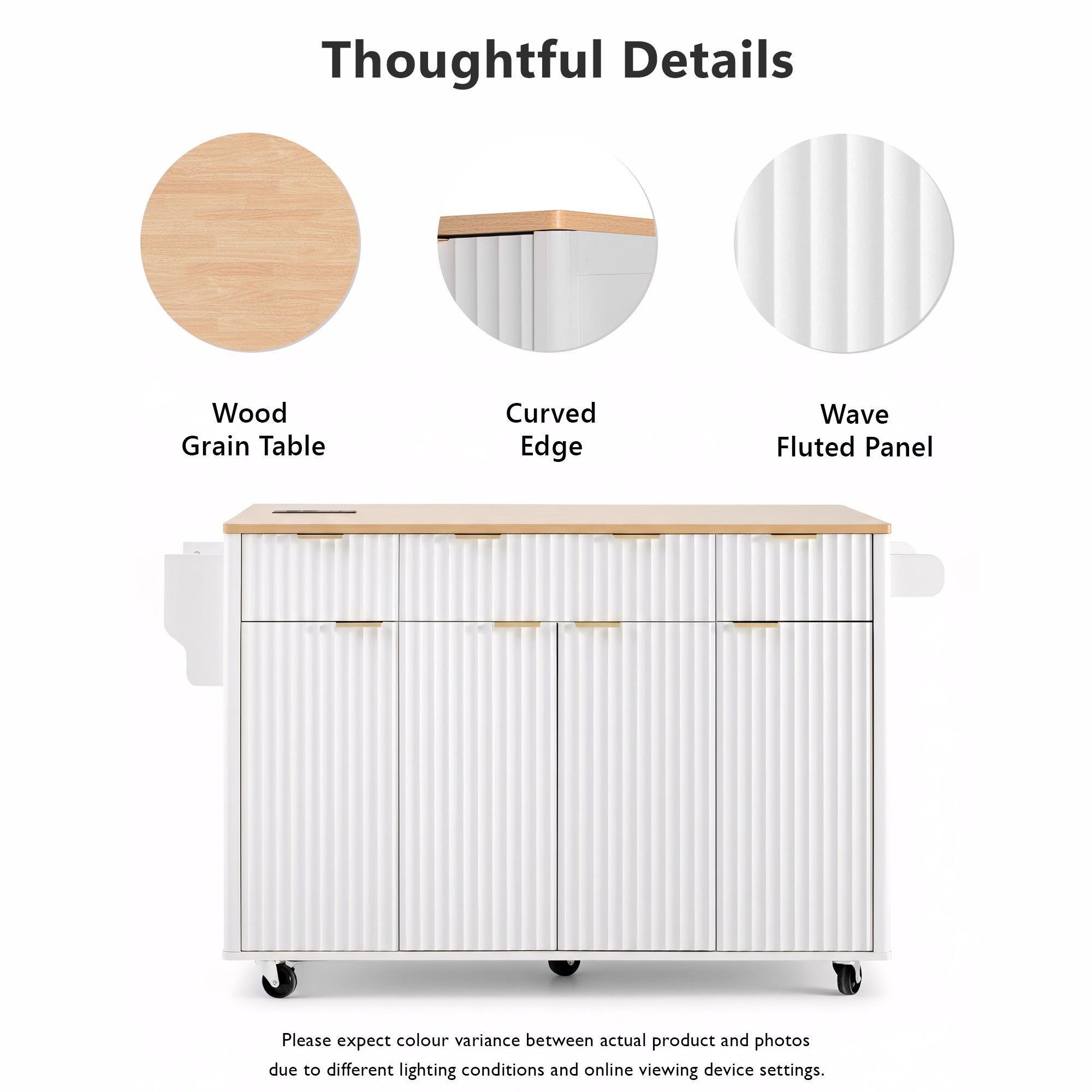 Fluted Kitchen Storage Island with Drop Leaf, Power Outlet, 55.5" Rolling Kitchen Cart with 4 Doors and 3 Drawers
