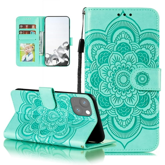 Case for iPhone 15, Premium PU Leather Magnetic Flip Wallet Case with Card Holder Cash Slot Lanyard Strap Kickstand Function Embossed Mandala Flower Pattern Slim Shockproof Cover - Green