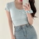 thumbnail image 5 of Camiseta de verano ajustada con ribete de encaje para mujer, de manga corta, cuello redondo, en tonos lisos, azul, talla L, 5 of 8