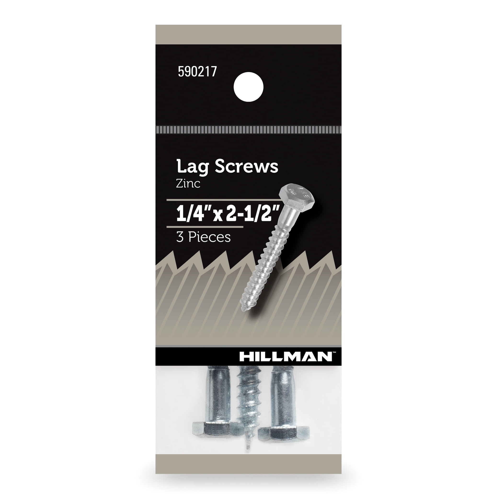 (4 pack) Hillman Lag Screws, 1/4" x 2-1/2", Steel, Zinc, Interior Screws, Hex, Silver, 3 pack