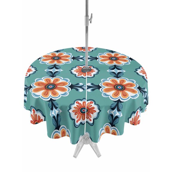 Outdoor Tablecloth with Umbrella Hole, Boho Turquoise Spillproof Waterproof Outdoor Table Cover, Geometric Minimalist Colorful Floral Patio Tablecloths for Party/Garden/Picnic, Round 60 inch
