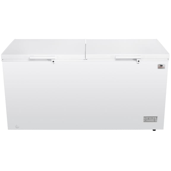 White Westinghouse  Congelador 18 pies 508 L  Acero blanco  2 puertas  Control dual de temperatura  Condensador interno  Canastilla interior  Manija exterior  Cerradura con llave  Luz interior  Ruedas