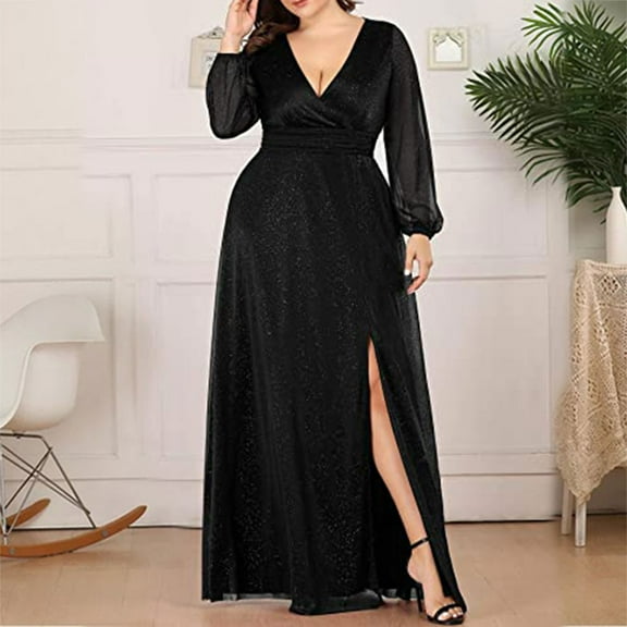Munlar Party Dresses for Women,Womens Wedding Guest Bridesmaid Dresses,Fashion Women Sexy Plus Size V Neck Long Sleeve Solid Splicing Perspective Sequin Dress Party Dress