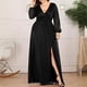 thumbnail image 2 of Vestido de fiesta de lentejuelas con perspectiva de empalme sólido de manga larga con cuello en V de talla grande Sexy para mujer a la moda Fridja  NMB3367, 2 of 9