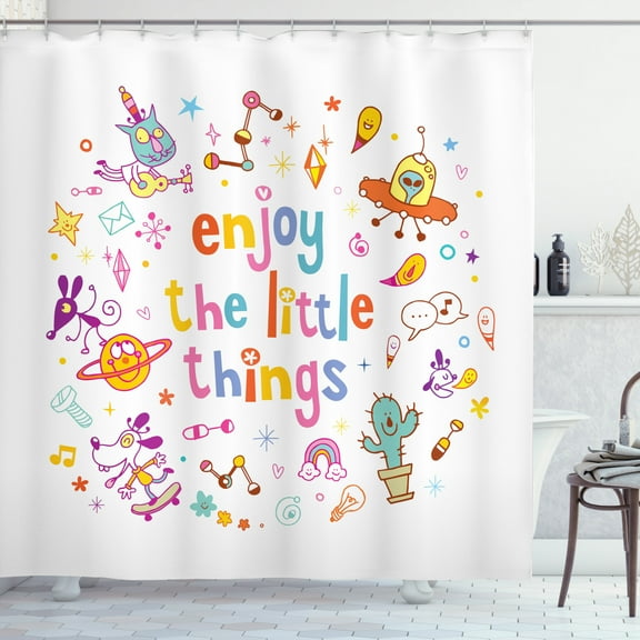 Enjoy the Little Things Shower Curtain, Nursery Theme Whacky Cartoon Characters with Spirit Boosting Phrase, Fabric Bathroom Set with Hooks, 69W X 75L Inches Long, Multicolor, by Ambesonne