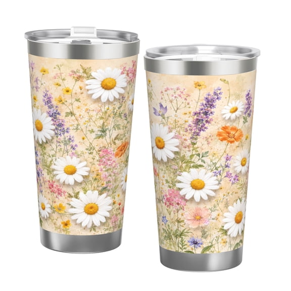 20oz Vintage Daisy Wildflower Insulated Tumbler with Handle and Straw Floral Travel Coffee Cup Gift with Double Silver Rim
