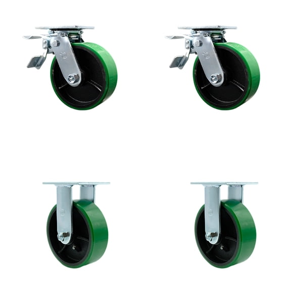 6 Inch Green Poly on Cast Iron Caster Set with Ball Bearings 2 Brakes 2 Rigid