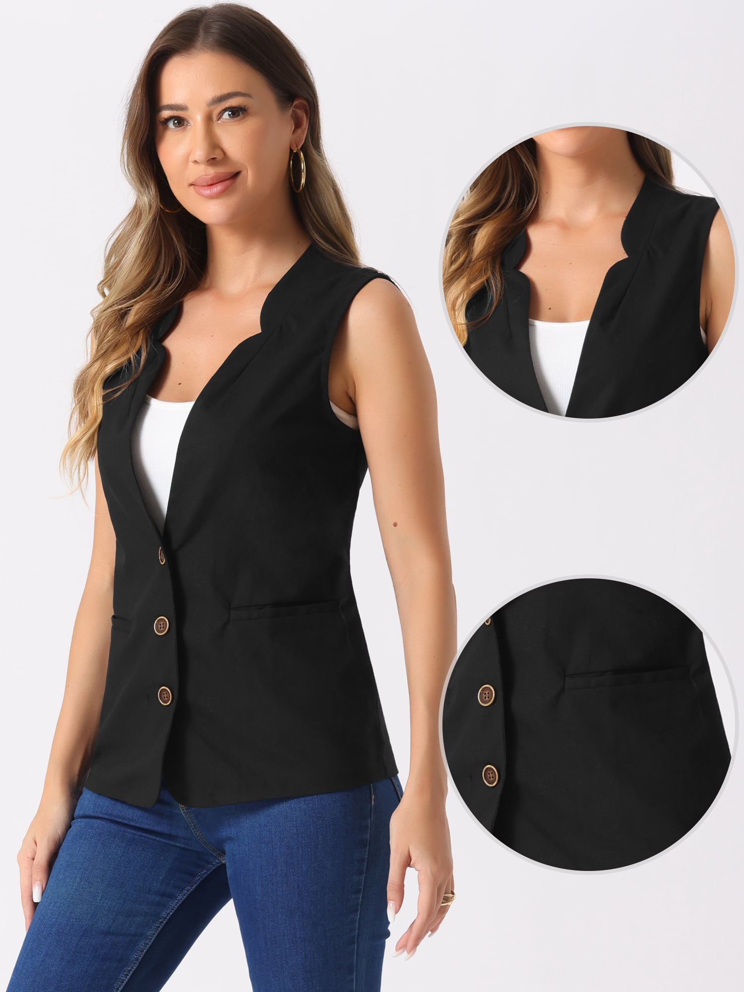 DARING DIVA Women's Cotton Linen V Neck Button Down Jacket Vest XS Black