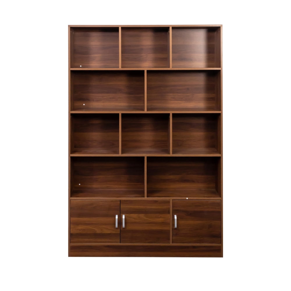 Tcbosik 4-Tier Bookshelf, 10-Cube Bookcase with 3 Doors, Display Shelves for Home Office, 70.8" Storage Organizer for Living Room, Library, Walnut
