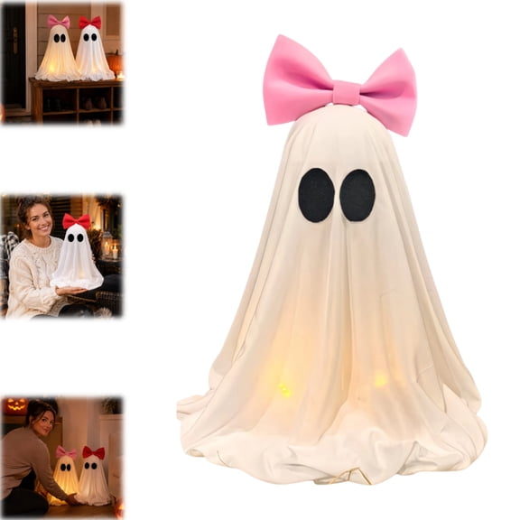 20" Ghosts Light up Kit Cute Standing Fabric Ghosts with a Bow on Top Spooky Ghost DIY Crafts for Halloween Party Home Mantel Shelf & Tabletop Decor Easy Assembly (Pink)