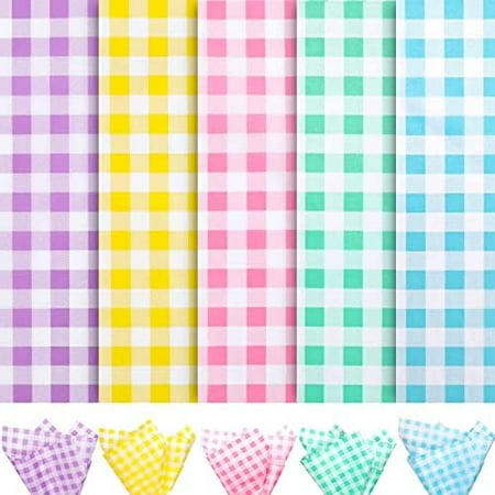 100 Sheets Pastel Tissue Paper Folded Flat Buffalo Plaid Wrapping Paper Purple Yellow Pink Green Blue Gift Tissue Paper for Home DIY Gift Bags Summer Easter Birthday Decor, 14 x 20inch