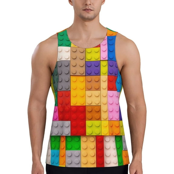 Gukieu Colorful Plastic Blocks Pattern Print Men's Quick Dry Fitness Vest, Round Neck Sleeveless Fitness Bodybuilding Top-Small