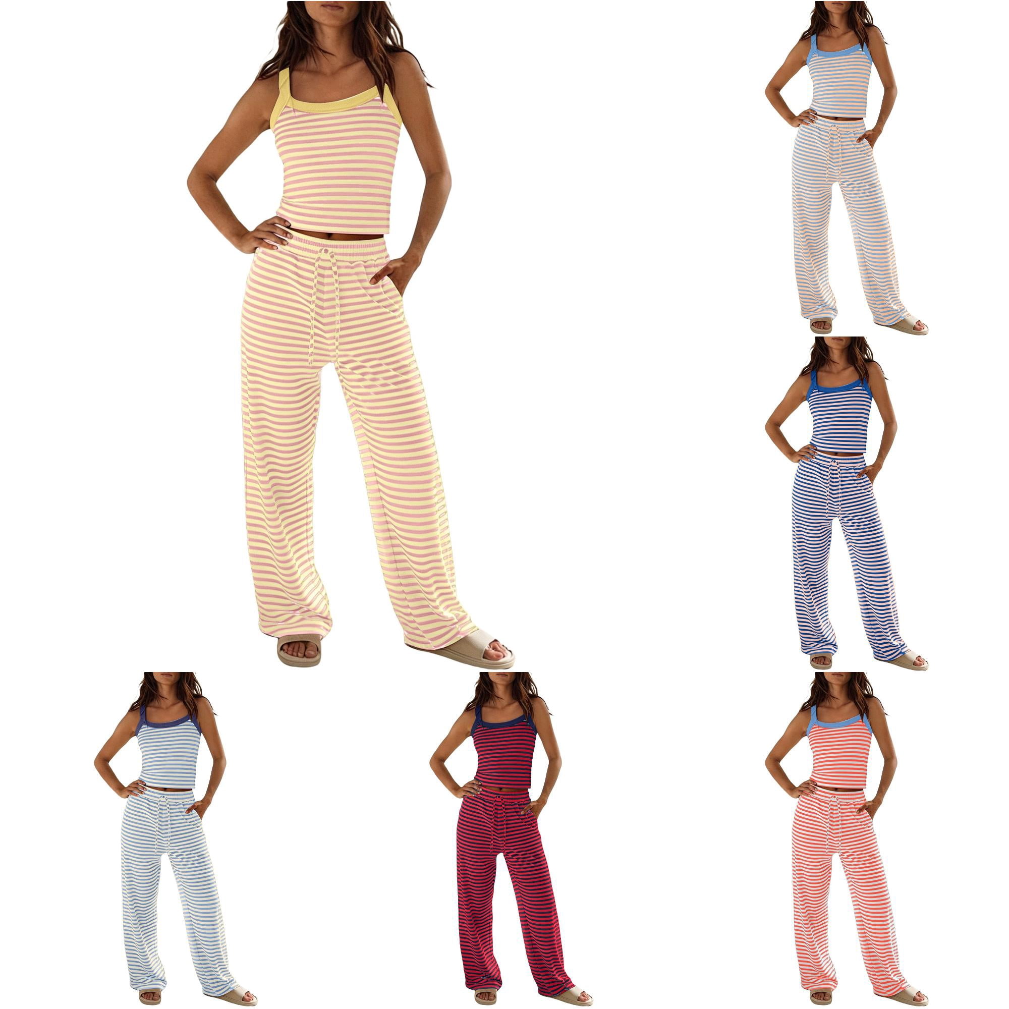RMGVDSD Women's Striped Loungewear Set Spaghetti Strap Crop Tank Top & Drawstring Wide Leg Pants Pajama Sets 2 Piece Scoop Neck Sleepwear