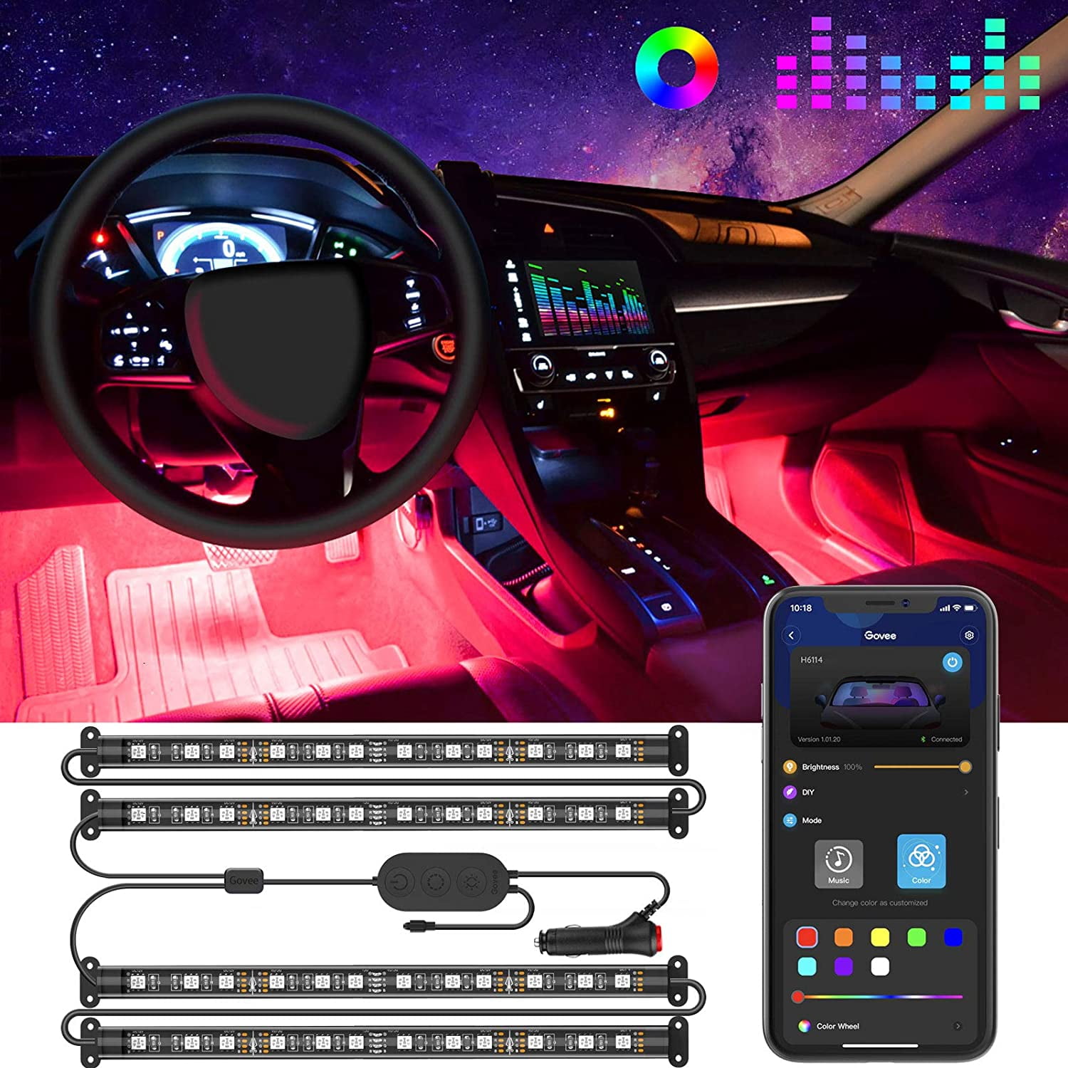 DC 12V Chanwen Interior Car Lights with Remote and Control Box,Upgraded 2-in-1 Design Interior Car LED Lights with 12 Colors,48 LEDs Lighting Kit Sync to Music with Super Length Wires for Various Car 