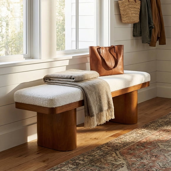 Noble House 47.5"Wood Bed Bench Ottoman with Wooden Legs,Brown