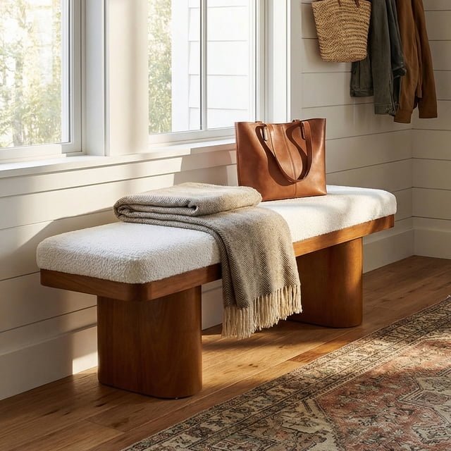 Euroco Banc en Bois, Ottoman en Velours Teddy pour Entrée, Brun