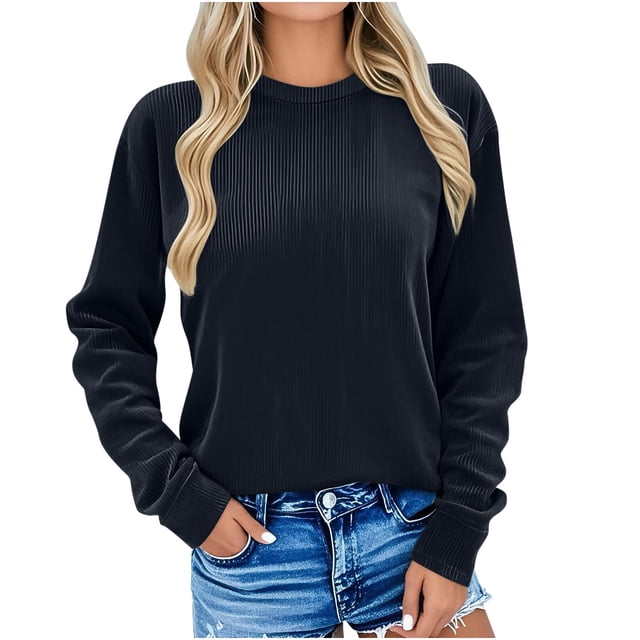 Mgmyaa Hauts en Velours Côtelé pour Femmes Col Rond Manches Longues Sans Capuche Chandails en Molleton Chandail Chemises