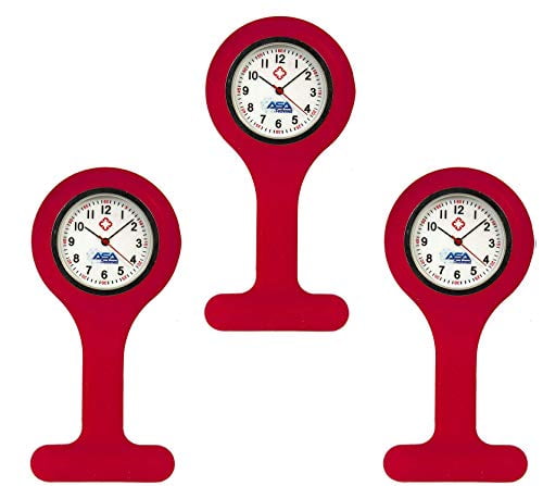 Set of 3 Silcone Nurse Watch W/Pin/Clip, Infection Control Design, Health Care, Nurse, Doctor, Paramedic, Nursing Student, Medical Brooch Fob Watch (Red)