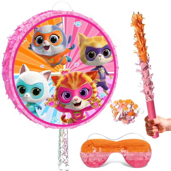 4 Pcs Round Super Kitties Pinatas Bundle -Super Kitties Theme Piñata, Party Pinata Stick & Party Games Blindfold etc Pinata Supplies for Super Kitties Birthday Party Decorations