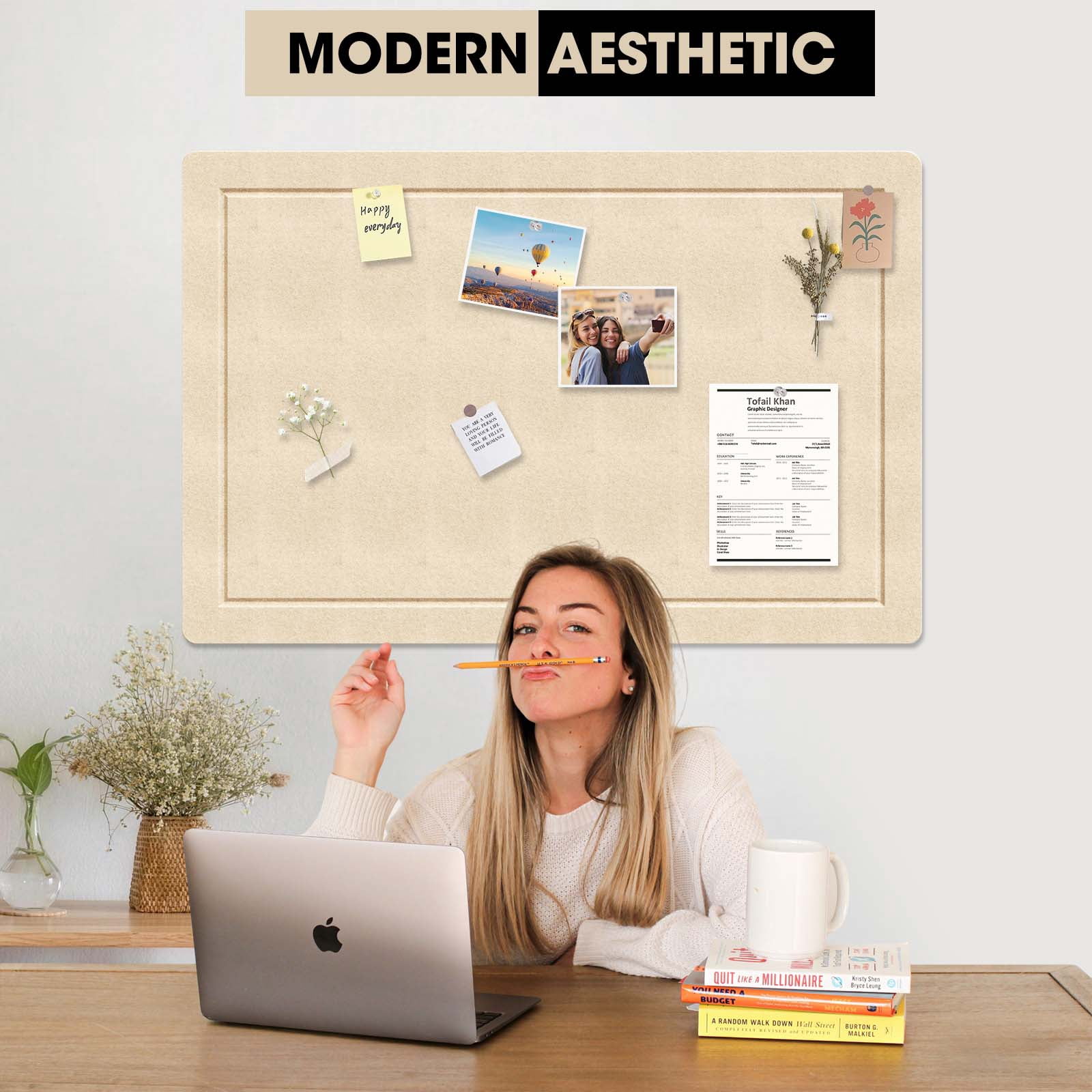36 x 24 Inch Decorative Felt Pin Board, Felt Bulletin Board, Foldable Self-Adhesive Wall Pin Board, Cork Board Alternative Vision Board Prayer Board with 15 Pushpins, Oatmeal