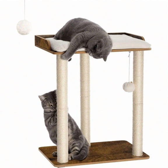 26.7in Large Cat Tree Tower Condo Cat Scratch Posts for Indoor Cats Big Plate Three 23.6in Full Sisal Scratching Posts Rustic Brown