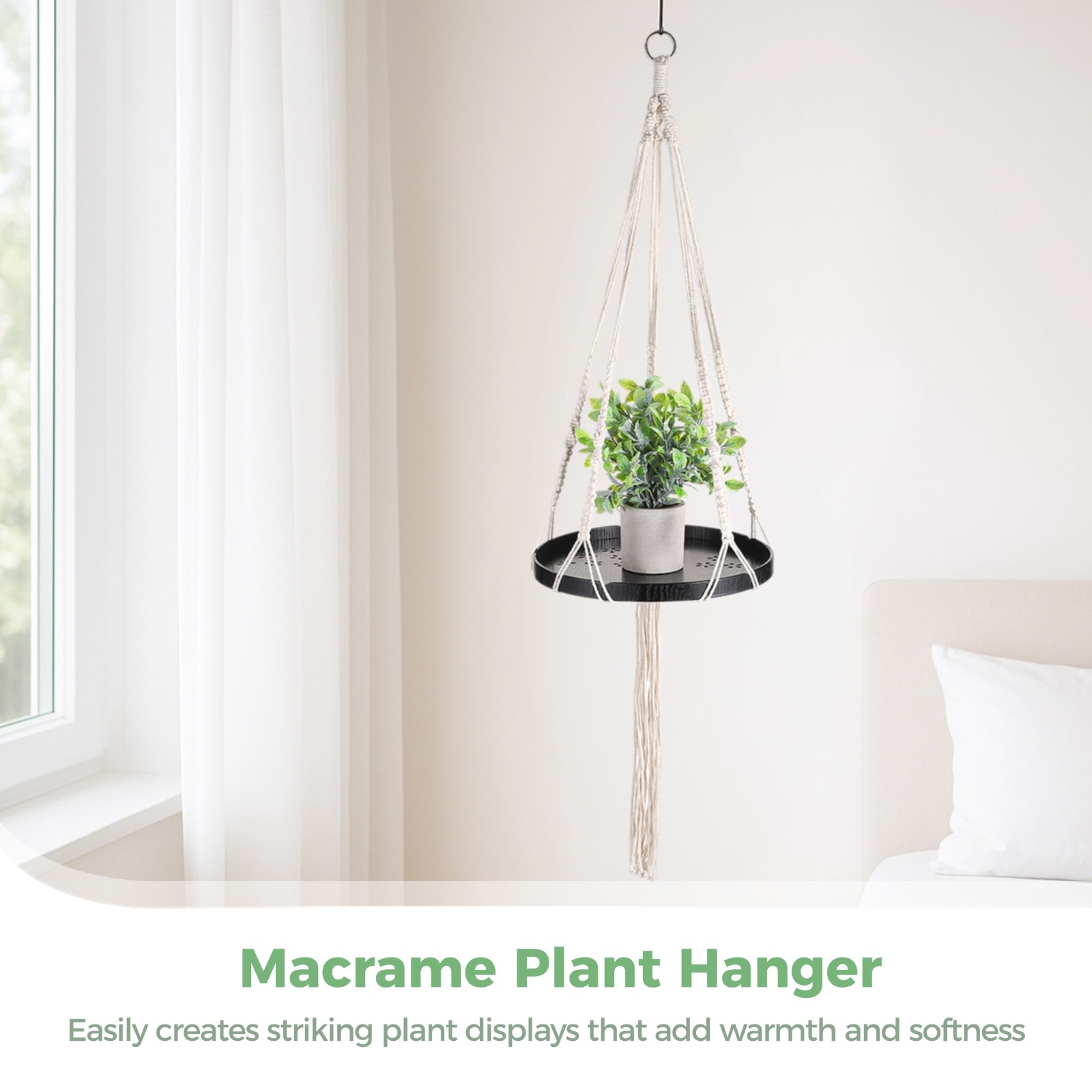 2Pcs Hanging Plant Holders, Macrame Plant Hangers with Wood Tray, Cotton Hanging Planter Shelves, Plant Display Holders for Living Room, Bedroom, Kitchen