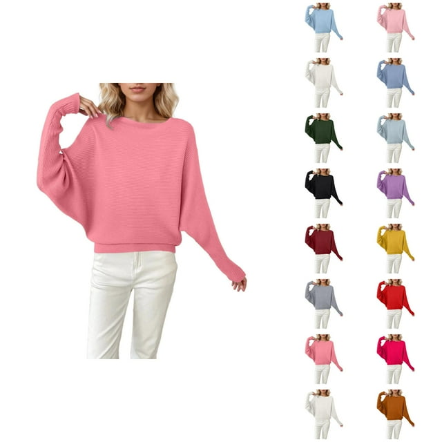 Chandails Surdimensionnés pour Femmes 2026 Mode Automne Hiver Manches Chauve-Souris Col Rond Tricot