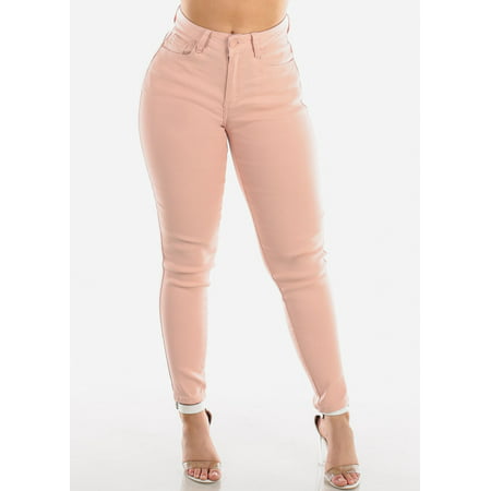 Womens Juniors Casual Sexy Push Up Butt Lifting Levanta Cola 1 Button Blush High Waisted Super Stretchy Skinny Jeans