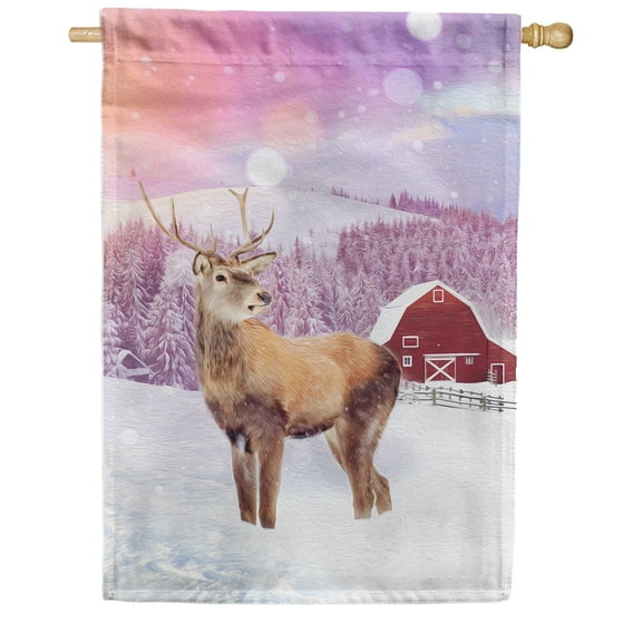 America Forever Winter Farmhouse House Flag Double Sided Vertical 28 x 40 inches for Outdoor, Yard, Porch Happy Holiday Let it Snow Snowfall Elk Outdoor House Décor